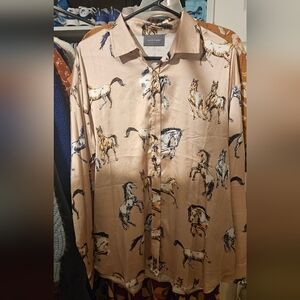 Equestrian Print Beige Button-Down Shirt